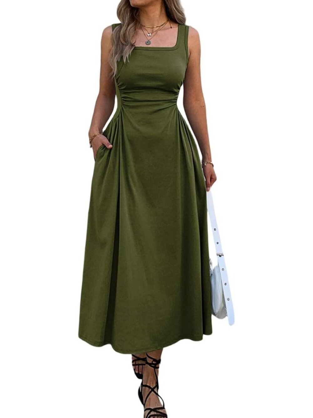 Square Neck Sleeveless Maxi Dress - Slim Fit, Ruched Waist, Flowy Summer Dress
